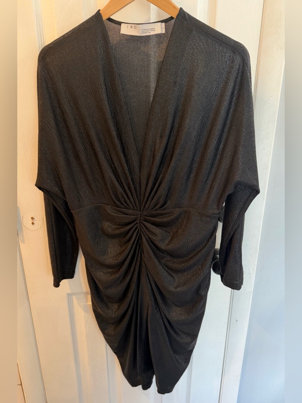IRO Paris Charcoal Metallic V-Neck Gathered Dress